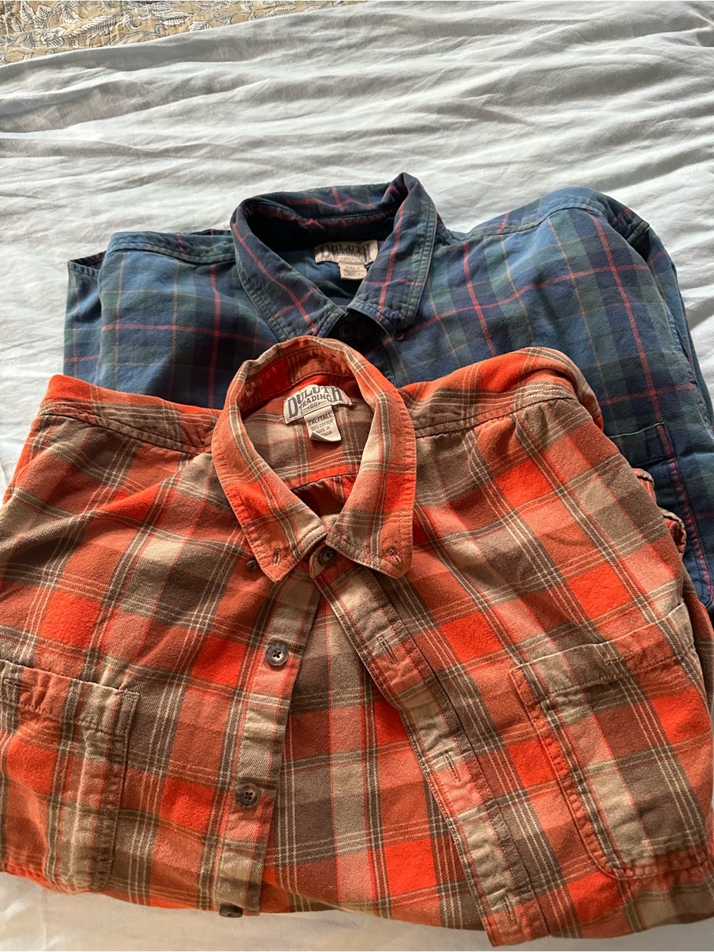 Duluth Trading Co Orange and Brown Plaid Flannel Button-Down Shirt set of 2